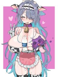Rule 34 | 1girl, @ @, animal ears, animal print, apron, bell, bfmelu, bikini, blush, bottle, breasts, cat ears, closed eyes, cow ears, cow horns, cow print, cow print bikini, cowbell, eyepatch bikini, frilled apron, frilled hairband, frills, gluteal fold, hair over one eye, hairband, heart, holding, holding bottle, horns, huge breasts, long hair, maid, maid headdress, milk, milk bottle, miniapron, mole, mole on breast, mushroom, nervous smile, open mouth, original, pink background, print bikini, skindentation, smile, solo, spilled milk, suggestive fluid, sweatdrop, swimsuit, thighhighs, v, wavy hair