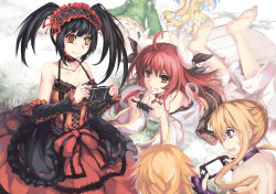 Rule 34 | 463 jun, 6+girls, ahoge, bare shoulders, black hair, blue eyes, breasts, cleavage, clock eyes, collarbone, date a live, dress, frilled dress, frilled hairband, frills, hair between eyes, hair ribbon, hairband, handheld game console, heterochromia, highres, himekawa yoshino, horns, itsuka kotori, izayoi miku, lolita fashion, lolita hairband, long hair, multicolored hair, multiple girls, open mouth, orange hair, playing games, playstation portable, red eyes, red hair, red hairband, ribbon, siblings, sidelocks, sisters, symbol-shaped pupils, tokisaki kurumi, twins, twintails, two-tone hair, yamai kaguya, yamai yuzuru, yellow eyes