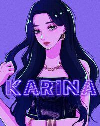 1girl aespa artist_name_(singer) black_hair blue_eyes bracelet commentary earrings eyeshadow glint highres jewelry k-pop karina_(aespa) long_hair makeup mascara mole necklace purple_background real_life sail_ofhope simple_background solo upper_body