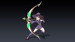 1girl archery boots bow brown_hair emiladylbekuulu hat kagari_atsuko legs little_witch_academia long_hair non-web_source red_eyes shiny_rod_(little_witch_academia) skirt studio_trigger trigger_(company) witch_hat