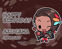 Rule 34 | 1girl, azucena milagros ortiz castillo, brown background, brown hair, character name, chibi, chibi only, cup, eyelashes, happy, happy birthday, heart, holding, holding cup, kotorai, one eye closed, open mouth, signature, solo, tan, tekken, tekken 8, undercut