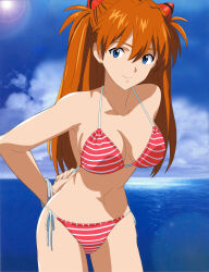1girl arms_behind_back bare_shoulders bikini blue_eyes blue_sky breasts cloud cloudy_sky curvy day highres jaaaan large_breasts leaning_forward legs_apart long_hair looking_up micro_bikini navel neon_genesis_evangelion orange_hair pink_bikini red_bikini shiny_skin side-tie_bikini_bottom simple_background sky smile solo souryuu_asuka_langley stomach striped_bikini striped_clothes swimsuit thighs thong thong_bikini two_side_up wide_hips
