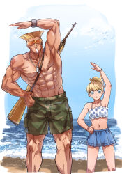 Rule 34 | 1boy, 1girl, :o, abs, armpits, bara, beach, blonde hair, camouflage, camouflage shorts, capcom, character request, dog tags, father and daughter, feet out of frame, flattop, guile, gun, gun on back, hand on own hip, highres, large pectorals, lifeguard, muscular, muscular male, navel, pectorals, short hair, shorts, street fighter, stretching, topless male, weapon, weapon on back, whistle, yuiofire