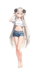 1girl absurdres animal_ears arm_behind_head bare_legs barefoot blue_shorts breasts collarbone commission crop_top crop_top_overhang curled_horns cutoffs denim denim_shorts full_body hair_between_eyes hand_up highres horns keibeam long_hair looking_at_viewer medium_breasts midriff navel original parted_lips red_eyes second-party_source sheep_ears sheep_horns shirt short_shorts short_sleeves shorts simple_background solo standing stomach thighs very_long_hair white_background white_hair white_shirt