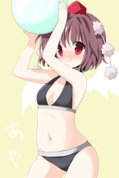 1girl arms_up bad_id bad_pixiv_id ball beachball bikini black_bikini blush brown_hair female_focus flat_chest hat ica looking_at_viewer navel red_eyes shameimaru_aya short_hair simple_background smile solo swimsuit touhou