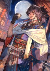1boy architecture bead_necklace beads beard_stubble black_gloves black_hair black_kimono chawan cowboy_shot cup dutch_angle east_asian_architecture facial_hair fate/grand_order fate_(series) full_moon gloves hair_ribbon hand_on_sheath hand_up holding holding_cup japanese_clothes jewelry kimono lack long_hair long_sleeves looking_at_viewer male_focus moon necklace night obi obijime official_art okada_izou_(fate) okada_izou_(festival_outfit)_(fate) open_mouth orange_eyes ponytail red_ribbon ribbon sash shawl sheath sheathed smile solo stubble teeth third-party_source upper_teeth_only variant_set white_shawl wide_sleeves
