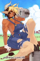 1girl absurdres animal_ears animal_feet bare_shoulders bell blue_sky breasts cathyl cloud commentary cow_ears cow_girl cow_tail cowbell dark-skinned_female dark_skin day denim english_commentary farm fence field gloves grass grin highres holding horns huge_breasts knee_up looking_at_viewer monster_girl monster_musume_no_iru_nichijou mouth_hold multicolored_hair muscular muscular_female neck_bell on_fence outdoors overall_shorts overalls patreon_username rtil short_hair shorts sitting sky smile solo stalk_in_mouth straw_(stalk) tail tank_(container) torn_clothes torn_shorts tsurime two-tone_hair v-shaped_eyebrows variant_set watermark web_address white_gloves wooden_fence yellow_eyes