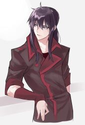 1boy ahoge arm_on_wall black_order_uniform blue_eyes brown_coat coat collared_coat d.gray-man george_man grey_background hair_between_eyes highres kanda_yuu long_hair looking_to_the_side low_ponytail military military_uniform ponytail purple_hair red_shirt red_stripes red_wrist_cuffs shirt sidelocks solo striped_coat wrist_cuffs