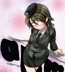 Rule 34 | 1girl, abimaru gup, absurdres, bespectacled, black necktie, black skirt, blush, breasts, brown hair, character request, collared shirt, emblem, formal clothes, garrison cap, girls und panzer, glasses, hat, highres, japanese tankery league (emblem), large breasts, long hair, looking at viewer, military, miniskirt, necktie, pencil skirt, red eyes, selection university military uniform, shirt, skirt, skirt suit, smile, solo, suit, translation request, twitter username, white shirt