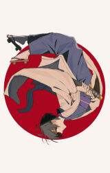 1boy axis_powers_hetalia belt black_eyes black_hair blue_kimono brown_sandals closed_mouth commentary_request flying from_side haori highres holding holding_sword holding_weapon japan_(hetalia) japanese_clothes katana kimono kiri_no1020 long_sleeves looking_at_viewer male_focus open_clothes purple_belt red_sun sandals short_hair socks solo sword upside-down weapon white_socks wide_sleeves
