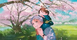 1boy 1other artist_logo baby blue_eyes blue_sky branch carrying carrying_baby carrying_over_shoulder carrying_person character_request cherry_blossoms child closed_eyes copyright_request creature eyeball falling_petals faux_traditional_media flower grass grin japanese_clothes kimono logo long_sleeves looking_up mountainous_horizon outdoors painterly petals pink_flower pink_petals pofu31 river scar scar_across_eye scar_on_face shirt short_hair sky smile tree twitter_username watch watercolor_effect watermark web_address white_hair white_shirt wristwatch yukata