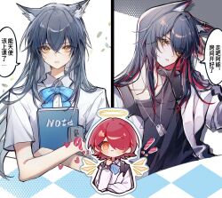 ! !! 3girls ? animal_ear_fluff animal_ear_piercing animal_ears arknights black_hair black_shirt blue_bow blue_bowtie blush bow bowtie bright_pupils chibi chinese_commentary chinese_text clone closed_mouth collarbone collared_shirt colored_inner_hair commentary_request crossed_bangs detached_wings exusiai_(arknights) hair_between_eyes hair_over_one_eye halftone halo head_tilt heart highres jacket long_hair long_sleeves looking_at_viewer multicolored_hair multiple_girls one_eye_covered open_clothes open_jacket parted_lips plaid_bow plaid_bowtie plaid_clothes red_hair shirt short_hair short_sleeves speech_bubble t-shirt tency_(1733djy) texas_(arknights) traditional_halo translation_request white_jacket white_pupils white_shirt wings wolf_ears wolf_girl yellow_eyes yellow_halo