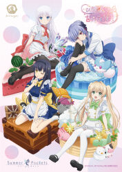 Rule 34 | 4girls, alternate costume, apron, back bow, black hair, black pantyhose, black shoes, black thighhighs, blonde hair, blue bow, blue dress, blue eyes, blue hair, blue skirt, blush, bow, bowtie, cake, cake slice, closed mouth, collared shirt, commentary request, copyright name, copyright notice, dress, finger to mouth, food, frilled apron, frilled skirt, frilled socks, frills, fruit, full body, green bow, green bowtie, green eyes, hair bow, hair bun, hair intakes, head rest, highres, inari (summer pockets), index finger raised, knee up, kushima kamome, long hair, looking at viewer, macaron, maid apron, merchandise available, multiple girls, naruse shiroha, neckerchief, one eye closed, open mouth, pantyhose, pink skirt, puffy sleeves, purple eyes, red neckerchief, shirt, shoes, short sleeves, shushing, sitting, sitting on food, skirt, smile, socks, sorakado ao, summer pockets, thighhighs, tsumugi wenders, twintails, waist apron, wariza, watermelon, watermelon slice, white apron, white hair, white shirt, white socks, white thighhighs, yellow bow, yellow bowtie, yellow eyes