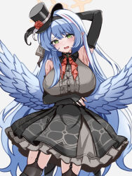 1girl armpits bare_shoulders black_garter_straps black_gloves black_thighhighs blue_archive blue_hair blue_wings breasts center_frills cowboy_shot elbow_gloves feathered_wings fingerless_gloves frills garter_straps gloves green_eyes grey_background halo hat large_breasts long_hair mine_(blue_archive) mine_(idol)_(blue_archive) official_alternate_costume pointy_ears simple_background solo sweat thighhighs top_hat tsuzura_(pixiv74922627) wings yellow_halo