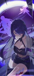 1girl acheron_(honkai:_star_rail) black_boots black_shorts boots breasts cleavage criss-cross_halter crop_top eyes_visible_through_hair halterneck highres honkai:_star_rail honkai_(series) jacket kji_(rozo) large_breasts leg_tattoo long_hair midriff navel purple_eyes purple_hair short_shorts shorts solo tattoo thighs very_long_hair white_jacket