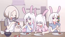 4girls :o :t animal_ears apron balancing blue_shirt blunt_bangs blush bowl broccoli carrot chibikki chopsticks closed_eyes commentary covering_own_mouth dining_room dinner disgust double-parted_bangs elbows_on_table english_commentary food fork furrowed_brow grey_hair highres holding holding_chopsticks holding_fork holding_spoon kitchen long_hair looking_at_another meat moon_rabbit multiple_girls on_chair original parted_bangs pink_shirt rabbit_ears rabbit_girl shaded_face shirt short_hair sitting spoon tearing_up trembling turn_pale white_apron white_hair