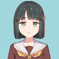 1girl :| absurdres black_hair blue_background blunt_bangs blunt_ends blush closed_mouth dress flower flower_knot green_eyes hair_flower hair_ornament hashtag-only_commentary hasu_no_sora_school_uniform highres link!_like!_love_live! looking_at_viewer love_live! momose_ginko neckerchief sailor_collar sailor_dress school_uniform sen_yousoro short_hair simple_background solo split_mouth sweatdrop twitter_username upper_body virtual_youtuber white_sailor_collar winter_uniform yellow_neckerchief