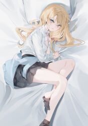 1girl black_skirt black_socks blonde_hair blue_eyes breasts cleavage collared_shirt highres long_hair long_sleeves looking_at_viewer lying miwano_rag neck_ribbon on_bed on_side original red_ribbon ribbon school_uniform shirt shirt_tucked_in skirt smile socks solo white_shirt