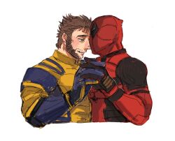 2boys animification beard black_gloves blue_gloves bodysuit brown_hair commentary_request deadpool deadpool_&amp;_wolverine deadpool_(series) facial_hair gloves green_eyes highres holding_hands interlocked_fingers looking_at_another male_focus marvel marvel_cinematic_universe multiple_boys muscular muscular_male red_bodysuit red_mask short_hair simple_background smile superhero_costume teeth white_background wolverine_(x-men) x-men yaoi yellow_bodysuit yo_ko_(kkk1211mmm)