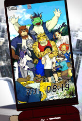 6+boys battery_indicator bear_boy blue_sky brown_fur cat_boy cellphone cityscape cloud cloudy_sky commentary_request covering_face dog_boy dragon_boy flip_phone furry furry_male green_scales grey_fur grey_hair highres hiroyuki_nishimura_(morenatsu) holding holding_phone juuichi_mikazuki kounosuke_kuri kouya_aotsuki kyouji_takahara lion_boy looking_at_viewer male_focus morenatsu multiple_boys orange_fur phone pov purple_fur raccoon_boy shin_kuroi shun_kodori signal_bar sky soutarou_touno takichizento tatsuki_midoriya tiger_boy torahiko_oshima wolf_boy yellow_fur