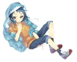 1boy black_jacket black_socks blue_eyes blue_hair child denim drawstring grin gundam gundam_build_fighters hood hood_up hooded_jacket iori_sei jacket jeans looking_at_viewer male_focus on_(snow77) open_clothes open_jacket orange_shirt pants shirt short_hair simple_background smile socks solo white_background white_footwear