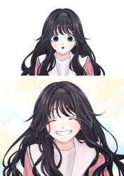 1girl :o ^_^ absurdres black_hair black_hairband closed_eyes grin hairband highres kaoru_hana_wa_rin_to_saku long_hair looking_at_viewer mikami_saka pink_shirt sailor_collar school_uniform serafuku shirt signature smile teeth waguri_kaoruko white_background white_sailor_collar