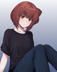 1girl aizawa_eiko black_skirt blue_background blue_pants blunt_bangs breasts brown_eyes brown_hair collarbone commentary gradient_background highres kurumimi_birb looking_at_viewer pants parted_lips shinryaku!_ikamusume short_hair skirt solo symbol-only_commentary