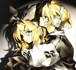 1boy 1girl absurdres blonde_hair blue_eyes bow hair_ornament hairclip headphones highres hynn0x_x kagamine_len kagamine_rin pale_skin parallel_hairclips ponytail short_ponytail vocaloid