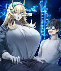 1girl absurdres barghest_(fate) black_hair blonde_hair breasts cosplay electricity fate/grand_order fate_(series) frankenstein frankenstein&#039;s_monster frankenstein&#039;s_monster_(cosplay) fujimaru_ritsuka_(male) gigantic_breasts glasses green_eyes highres horns huge_breasts long_hair long_sleeves obazzotto shirt short_hair white_shirt