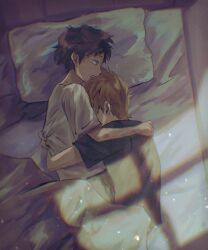 2boys absurdres blue_oak brown_hair from_above head_on_chest head_on_pillow highres hug indoors male_focus mixed-language_commentary multiple_boys nintendo on_bed pillow pokemon red_(pokemon) shadow shirt shiruko_(s1ruko) short_hair short_sleeves under_covers yaoi