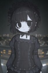 1girl black_bonnet black_eyes black_hair black_ribbon black_shirt bonnet closed_mouth colored_skin commentary earrings film_grain frills hair_ornament hairclip highres jewelry ketopon kurosaki_reika_(ketopon) long_sleeves original outdoors photo_background revision ribbon shirt short_hair smile solo square_neckline stud_earrings symbol-only_commentary upper_body white_skin