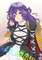 1girl breasts brown_hair cape cowboy_shot cross-laced_clothes dated dress fingernails gradient_background gradient_hair hand_in_own_hair hijiri_byakuren juliet_sleeves kei_jiei large_breasts layered_dress long_hair long_sleeves looking_to_the_side multicolored_hair puffy_lips puffy_sleeves purple_hair smile solo sorcerer&#039;s_sutra_scroll touhou turtleneck turtleneck_dress twirling_hair white_dress yellow_eyes