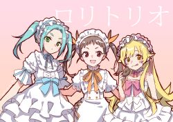 absurdres aqua_hair bare_shoulders black_hair blonde_hair bow closed_mouth commentary_request cowboy_shot donut dress expressionless fang food frilled_dress frills green_eyes hachikuji_mayoi hair_ribbon hairband highres lolita_fashion lolita_hairband long_hair looking_at_viewer maid_headdress manimani_(mani_ma) monogatari_(series) neck_ribbon ononoki_yotsugi open_mouth oshino_shinobu pink_background pink_bow pointy_ears red_eyes ribbon short_eyebrows smile standing thick_eyebrows tongue tongue_out translation_request twintails white_dress yellow_eyes