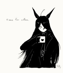1girl ahoge animal_ears artist_name closed_mouth coat coffee_mug commentary_request cup gloves greyscale hair_over_one_eye high_contrast highres holding holding_cup horse_ears horse_girl long_hair long_sleeves manhattan_cafe_(umamusume) monochrome mug multicolored_hair necktie open_clothes open_coat ringring_(artist) signature smile solo umamusume very_long_hair