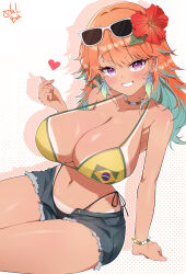 1girl absurdres alternate_costume bikini bikini_tan bikini_under_shorts bracelet brazilian_flag brazilian_flag_print brazilian_miku brazilian_miku_(cosplay) breasts cleavage colored_inner_hair commentary cosplay denim denim_shorts eyewear_on_head finger_heart flag_print flower frayed_shorts gradient_hair green_hair grin hair_flower hair_ornament halterneck hand_up hatsune_miku heart highleg highleg_bikini highres hololive hololive_english jewelry large_breasts looking_at_viewer messy_hair multicolored_hair navel necklace open_fly orange_hair purple_eyes short_shorts shorts side-tie_bikini_bottom simple_background sitting smile solo string_bikini sunglasses swimsuit takanashi_kiara tan tanline todalbok106 virtual_youtuber vocaloid yellow_bikini