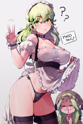 2girls apron apron_lift bare_shoulders black_collar black_legwear black_panties blood blush breasts female_byleth_(enlightened)_(fire_emblem) female_byleth_(fire_emblem) cleavage closed_eyes clothes_lift collar collarbone covered_erect_nipples detached_sleeves female_focus fire_emblem fire_emblem:_three_houses frilled_apron frills green_eyes green_hair grey_background highres large_breasts lifting_own_clothes lips long_hair looking_at_viewer maid maid_headdress matching_hair/eyes multiple_girls naso4 nintendo nosebleed panties parted_lips rhea_(fire_emblem) simple_background skindentation smile standing string_panties sweat thighhighs underwear v white_apron wrist_cuffs