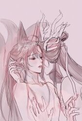 2boys ahoge animal_ears blush collarbone dragon_boy eastern_dragon_horns eyelashes fox_boy fox_ears fox_tail hand_in_another&#039;s_hair hand_on_another&#039;s_chest headband highres holding holding_ribbon kemonomimi_mode kiss kissing_cheek kitsune kyuubi lan_wangji long_hair looking_at_another male_focus modao_zushi monochrome multiple_boys multiple_tails nipples nude ojisan_rbt parted_lips pectoral_grab pectorals ponytail ribbon sidelocks sketch tail topknot twitter_username upper_body wei_wuxian white_headband yaoi