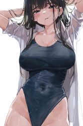 1girl akasaai arms_up black_hair blue_eyes blue_one-piece_swimsuit blush breasts cleavage collarbone covered_navel highres large_breasts long_hair looking_at_viewer navel one-piece_swimsuit open_clothes open_mouth open_shirt original school_swimsuit see-through_clothes see-through_shirt shirt solo swimsuit upper_body wet white_shirt