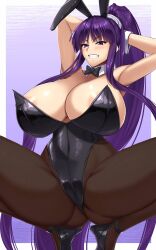 akitsuki_karasu areola_slip armpits arms_behind_head arms_up bow bowtie breasts cleavage eiken high_heels highres huge_breasts leotard long_hair misono_kirika pantyhose playboy_bunny ponytail purple_eyes purple_hair rabbit_ears smile squatting very_long_hair wrist_cuffs