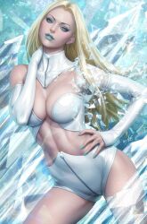 1girl blonde_hair breasts cleavage cowboy_shot detached_collar elbow_gloves emma_frost gloves hand_on_own_hip highres long_hair looking_at_viewer marvel parted_bangs solo standing stanley_lau