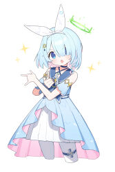 1girl absurdres alternate_costume ame_miya_ta bare_shoulders black_choker blue_archive blue_dress blue_eyes blue_hair bow_hairband braid choker colored_inner_hair commentary_request cowboy_shot cropped_legs dress green_halo hair_ornament hair_over_one_eye hairband halo highres looking_at_viewer multicolored_hair open_mouth pantyhose pink_hair plana_(blue_archive) pleated_dress single_braid solo sparkle white_dress white_hairband white_pantyhose