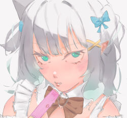 1girl 2girls blue_bow bow detached_collar glowstick green_eyes hair_bow hair_ornament highres indie_virtual_youtuber korakkz lipstick_mark looking_at_viewer mint_fantome mint_fantome_(minto_2.0) multiple_girls penlight_(glowstick) pointy_ears solo triangular_headpiece two_side_up upper_body virtual_youtuber white_hair x_hair_ornament