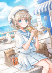 1girl :t aqua_eyes bag beret bird bird_hair_ornament blonde_hair blue_necktie blue_sailor_collar brown_bag cloud cloudy_sky cup drink drinking_straw eating hair_ornament hat highres holding_food holding_sandwich hoshiibara_mato looking_at_viewer medal necktie ocean original outdoors sailor_collar sandwich school_bag school_uniform seagull serafuku shirt short_hair short_sleeves sitting skirt sky solo summer water white_hat white_serafuku white_shirt white_skirt