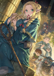 2girls 3boys animal_ears aqua_eyes armor bare_shoulders beard belt_pouch blonde_hair blue_robe bowl braid braiding_hair breastplate brown_hair cat_girl chilchuck_tims choker commentary_request crop_top dungeon_meshi dutch_angle dwarf eating elf facial_hair fake_horns green_scarf hagure_keg hair_over_shoulder hairdressing helmet highres holding holding_bowl holding_spoon horned_helmet horns izutsumi laios_touden leather_armor long_beard marcille_donato mouth_hold multiple_boys multiple_braids multiple_girls muscular muscular_male mustache night night_sky open_mouth pauldrons pillar plate_armor pointy_ears pouch red_choker red_scarf ribbon ribbon_in_mouth robe scarf senshi_(dungeon_meshi) shoulder_armor sitting sky spoon staff stairs tail thick_mustache