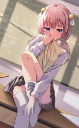Rule 34 | 1girl, absurdres, asymmetrical legwear, blurry, blurry background, blush, brown hair, cac itinose, chalkboard, commentary request, convenient leg, covered mouth, depth of field, feet out of frame, grey skirt, highres, indoors, knee up, long hair, long sleeves, low twintails, no shoes, original, pleated skirt, puffy long sleeves, puffy sleeves, purple eyes, school uniform, shirt, sitting, skirt, solo, sweat, sweater vest, thighhighs, thighhighs pull, twintails, white shirt, white thighhighs