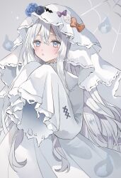 1girl artist_name bat_ornament blue_eyes blue_flower bow dress flower ghost_ornament grey_background highres long_hair long_sleeves orange_bow original purple_bow simple_background solo twitter_username veil white_dress white_hair white_veil wide_sleeves yuni_0205