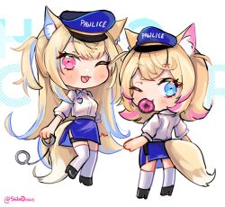 Rule 34 | 2girls, animal ear fluff, animal ears, black footwear, blonde hair, blue eyes, blue hair, blue headwear, blue skirt, chibi, cuffs, donut, food, full body, fuwamoco, fuwawa abyssgard, handcuffs, hat, highres, hololive, hololive english, long hair, looking at viewer, mococo abyssgard, mouth hold, multicolored hair, multiple girls, one eye closed, peaked cap, pink eyes, pink hair, police, police uniform, shibedraws, shirt, siblings, sisters, skirt, smile, socks, streaked hair, tail, twins, twitter username, virtual youtuber, white background, white shirt, white socks