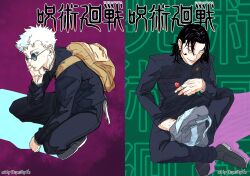 2boys backpack bag black_eyes black_hair black_jacket black_pants blue_eyes brown_bag candy closed_eyes closed_mouth food full_body getou_suguru gojou_satoru green_background grey_bag grey_shoes grin hand_up highres holding holding_candy holding_food holding_lollipop jacket jujutsu_kaisen jujutsu_tech_uniform lollipop long_sleeves looking_at_viewer male_focus multiple_boys nandry pants purple_background round_eyewear school_uniform shoes short_hair sitting smile squatting sunglasses white_hair