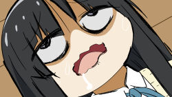 1girl akiyama_mio black_hair blue_ribbon blunt_bangs bocchi_the_rock! collared_shirt commentary_request derivative_work drooling furrowed_brow genre_connection grey_eyes k-on! long_hair lying neck_ribbon odenyarou on_back open_mouth parody ribbon sakuragaoka_high_school_uniform saliva scene_reference school_uniform shaded_face shirt solo sweat sweater_vest turn_pale upturned_eyes wavy_mouth white_shirt wooden_floor