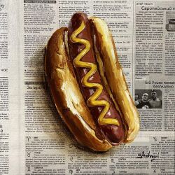 absurdres bread_bun food food_focus highres hot_dog julia_stankevych mustard newspaper no_humans oil_painting_(medium) original painting_(medium) photo_(medium) realistic signature still_life traditional_media wall_of_text